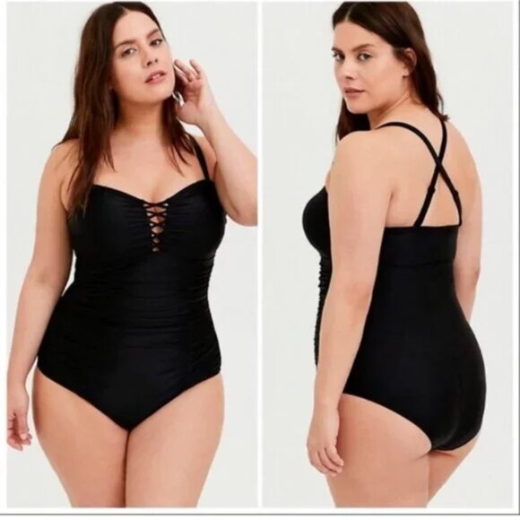 Torrid Wireless Lattice Ruched Black One-Piece Swimsuit - Picture 1 of 7